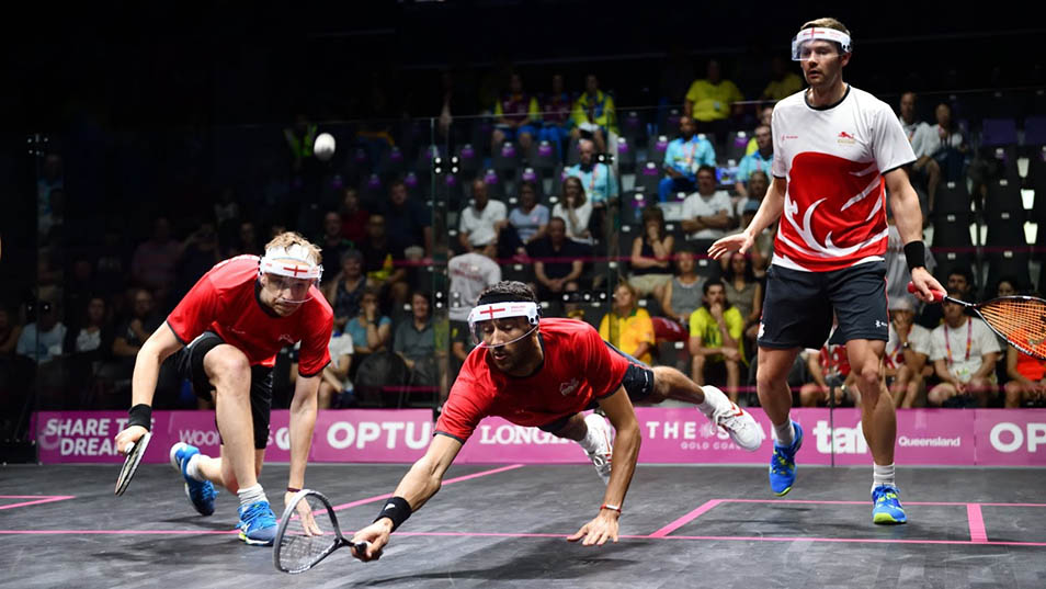 England's James Willstrop, Declan James and Adrian Waller playing at the 2018 Commonwealth Games